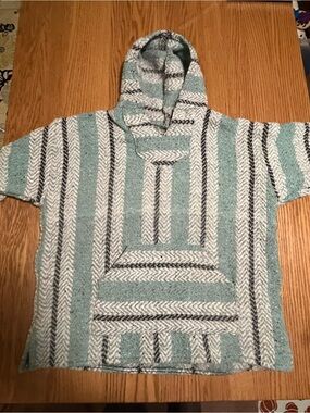 Baja Joe Hoodie Poncho Medium Drug Rug Mexico Teal Gray White Mexican Hippie